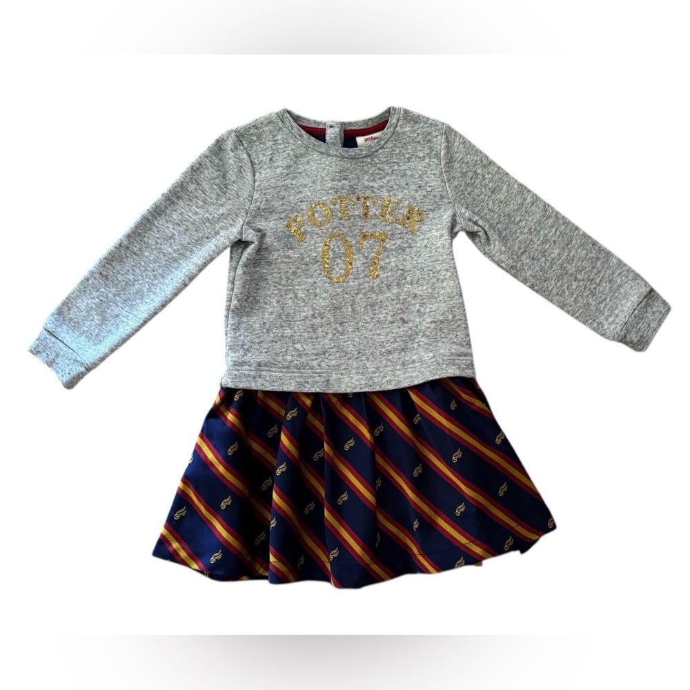 Mini Boden Harry Potter Girls Dress Size 4–5Y Gray Gold “Potter 07” Long Sleeve